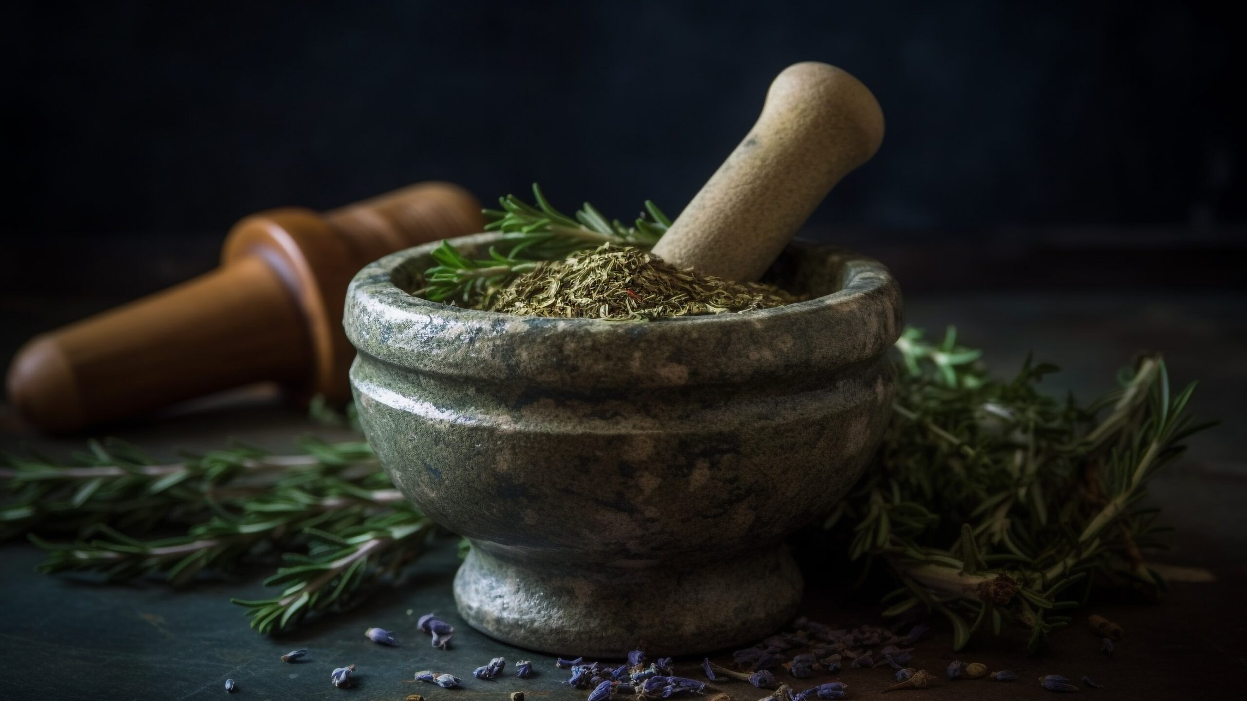 Fresh herb seasoning in rustic wood bowl generated by artificial intelligence