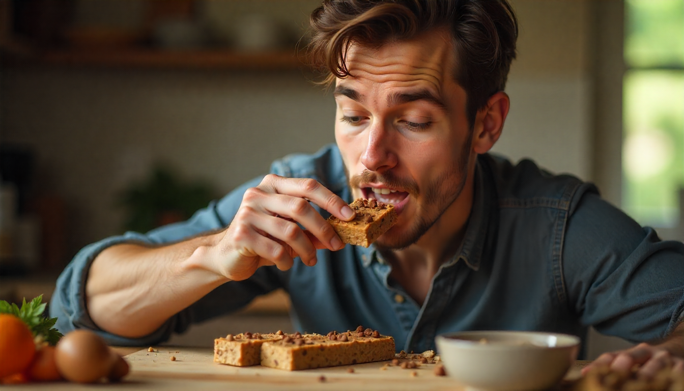 man eating homemade protein bars in morocco