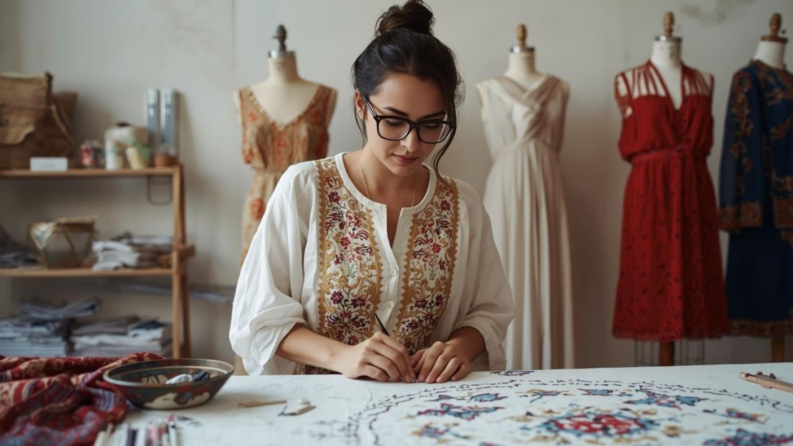 Moroccan designer working with traditional embroidery techniques creating slow fashion pieces from sustainable materials in a Marrakech atelier studio