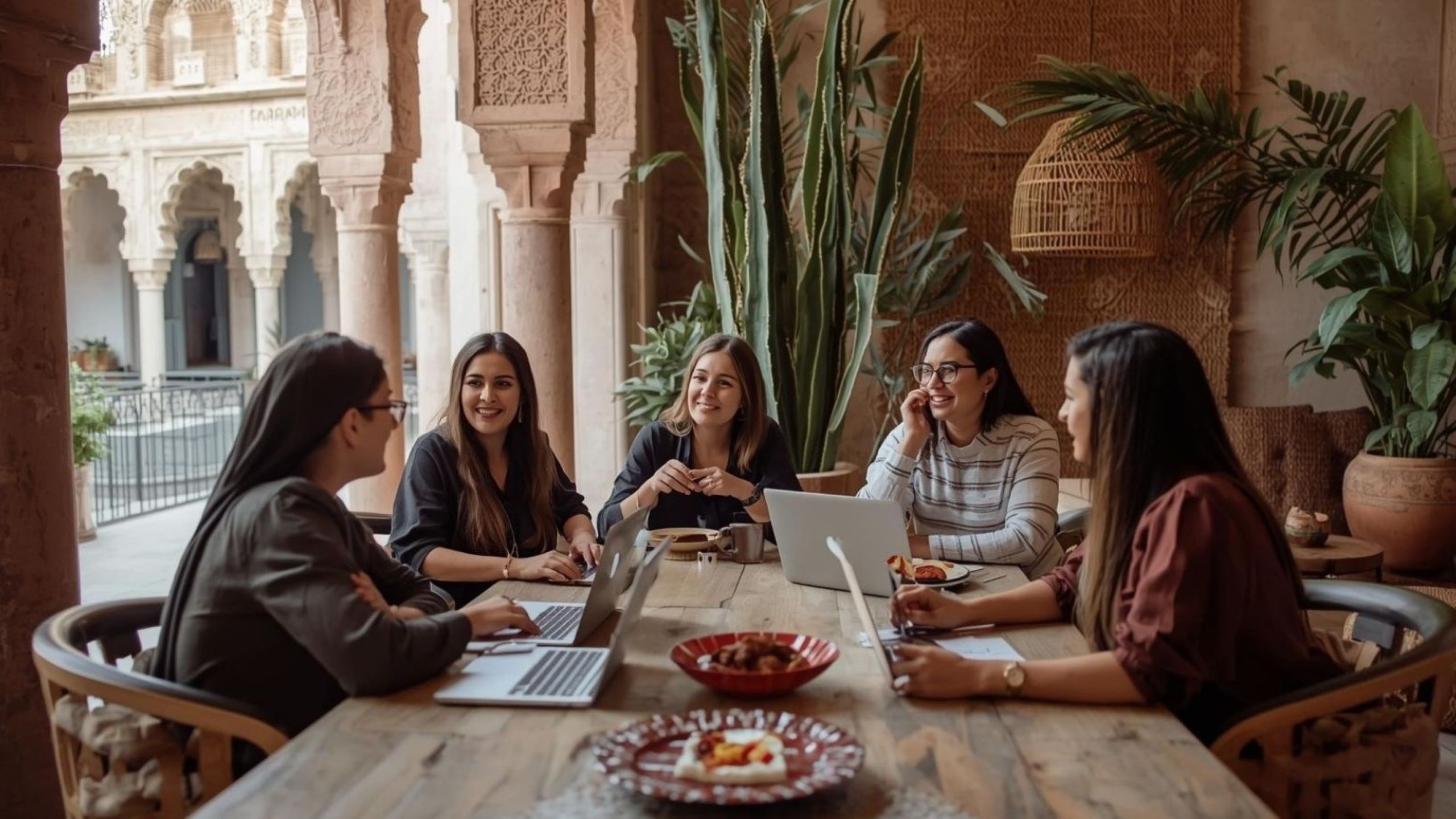 Moroccan female founders discussing innovation strategies at a startup meeting in Marrakech, showcasing entrepreneurial women driving Morocco's tech scene growth