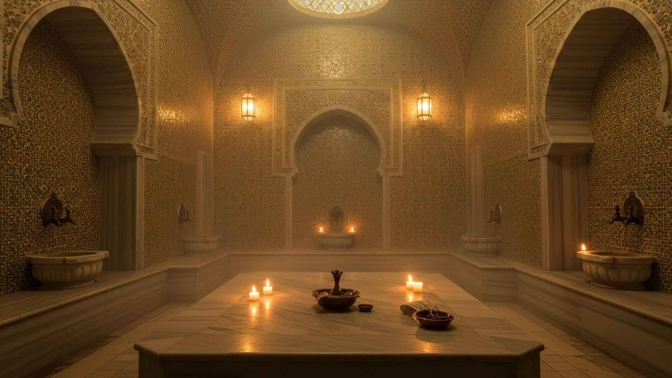 Traditional hammam rituals in authentic Moroccan spa with steam room and traditional architecture