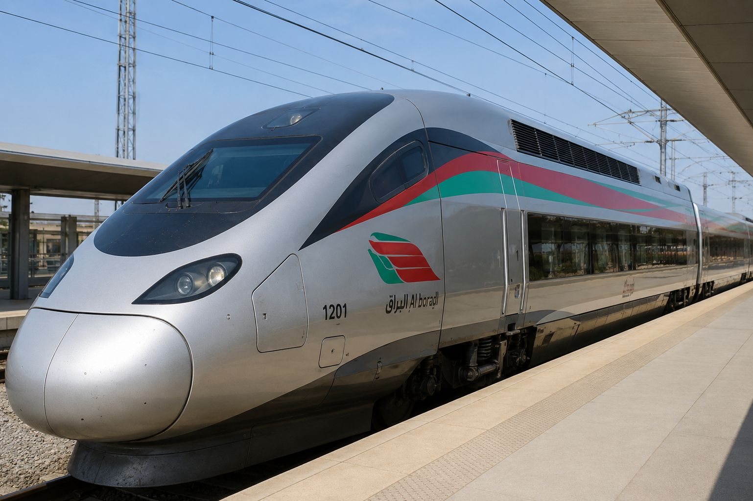Al Boraq high speed train traveling between Tangier and Casablanca on Morocco's modern railway