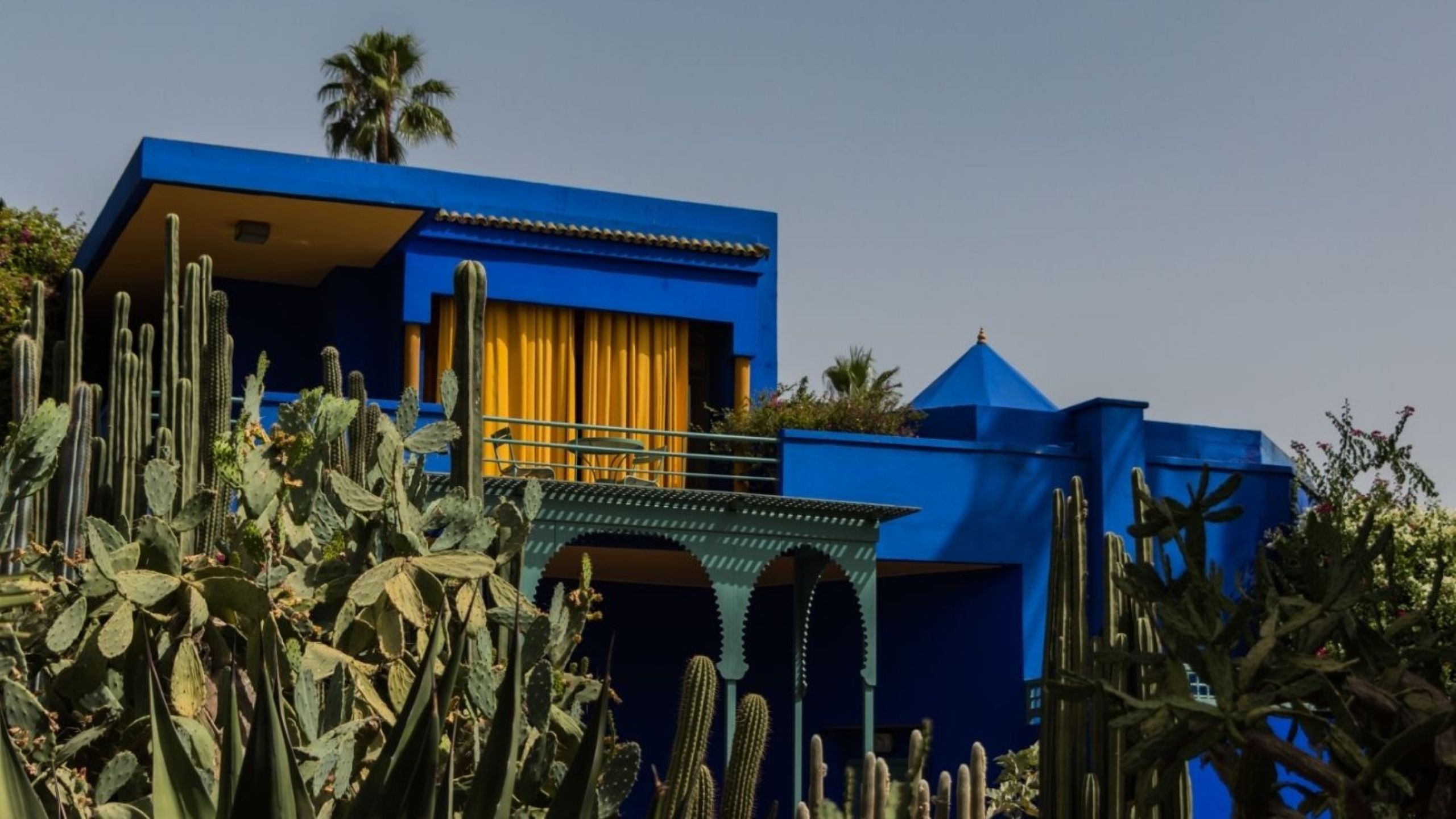 Casa moderna azul brilhante com cortinas amarelas nas janelas, situada entre cactos altos e palmeiras sob um céu limpo.